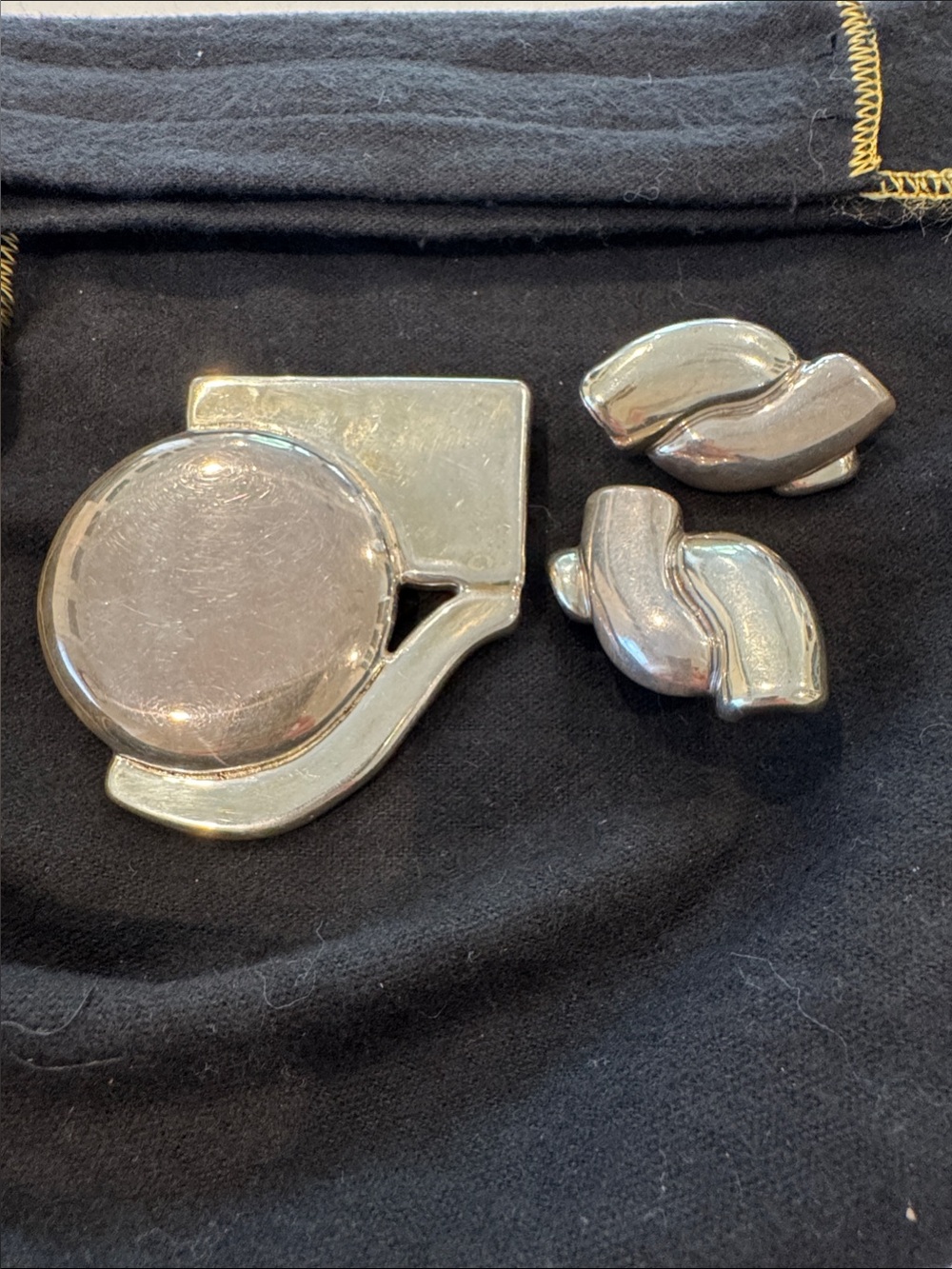 Modernist sterling Geometric Brooch with Knot Clip Earrings